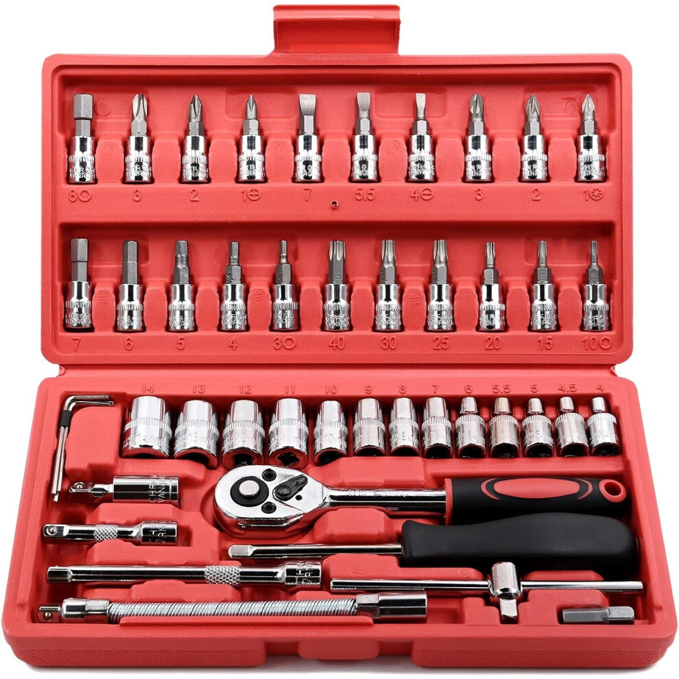 46 Pieces 1/4' Drive Socket Set, Ratchet Wrench Set, Metric Bit Socket Kit, Storage Case For Diy Car 9187378759431