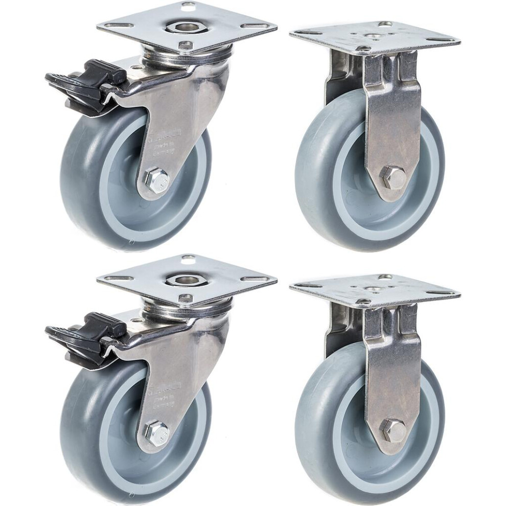 Parnells 75Mm 3" Stainless Steel Castor Rubber, Brake & Fixed, 240Kg, Set Of 4 Grey