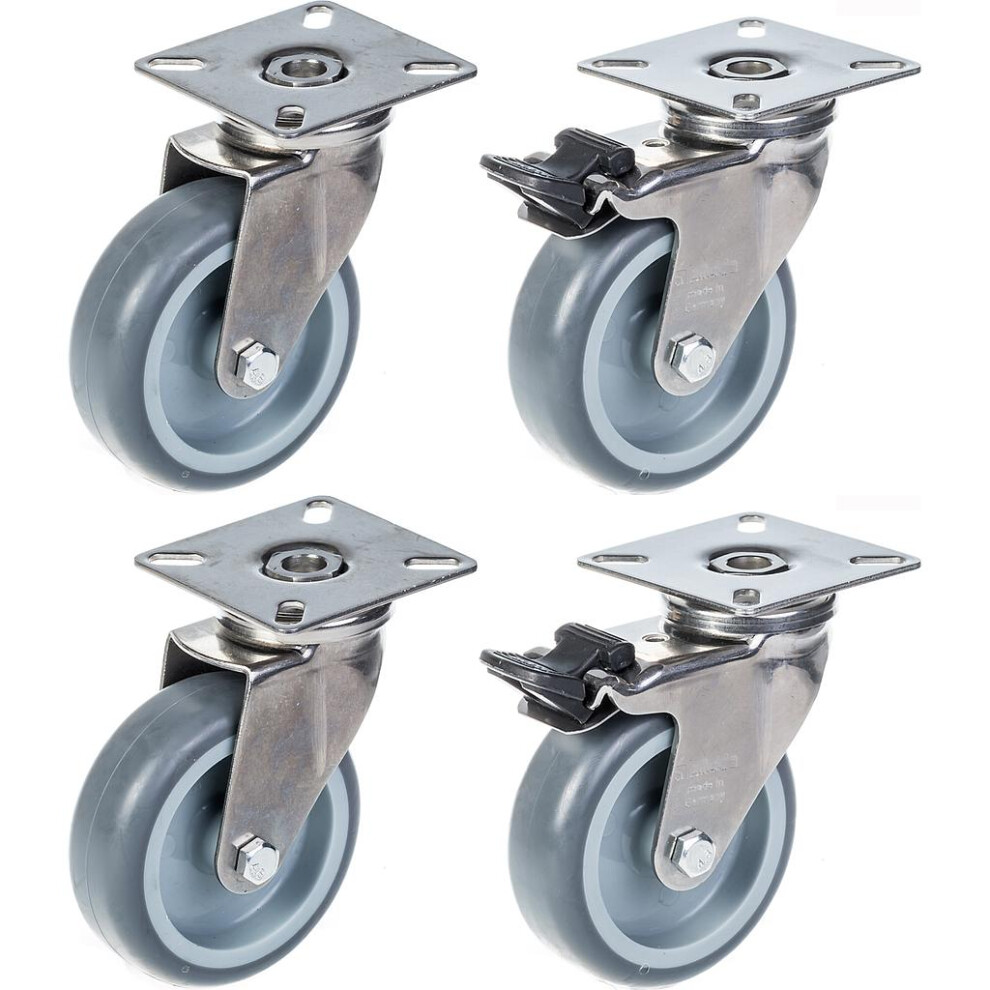 Parnells 75Mm 3" Stainless Steel Castor Rubber, Swivel & Brake, 240Kg, Set Of 4 Grey