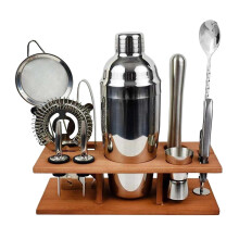 Cocktail Shaker Set 11Piece Stainless Steel Bartender Kit with EcoFriendly Wood Stand for Home Bar