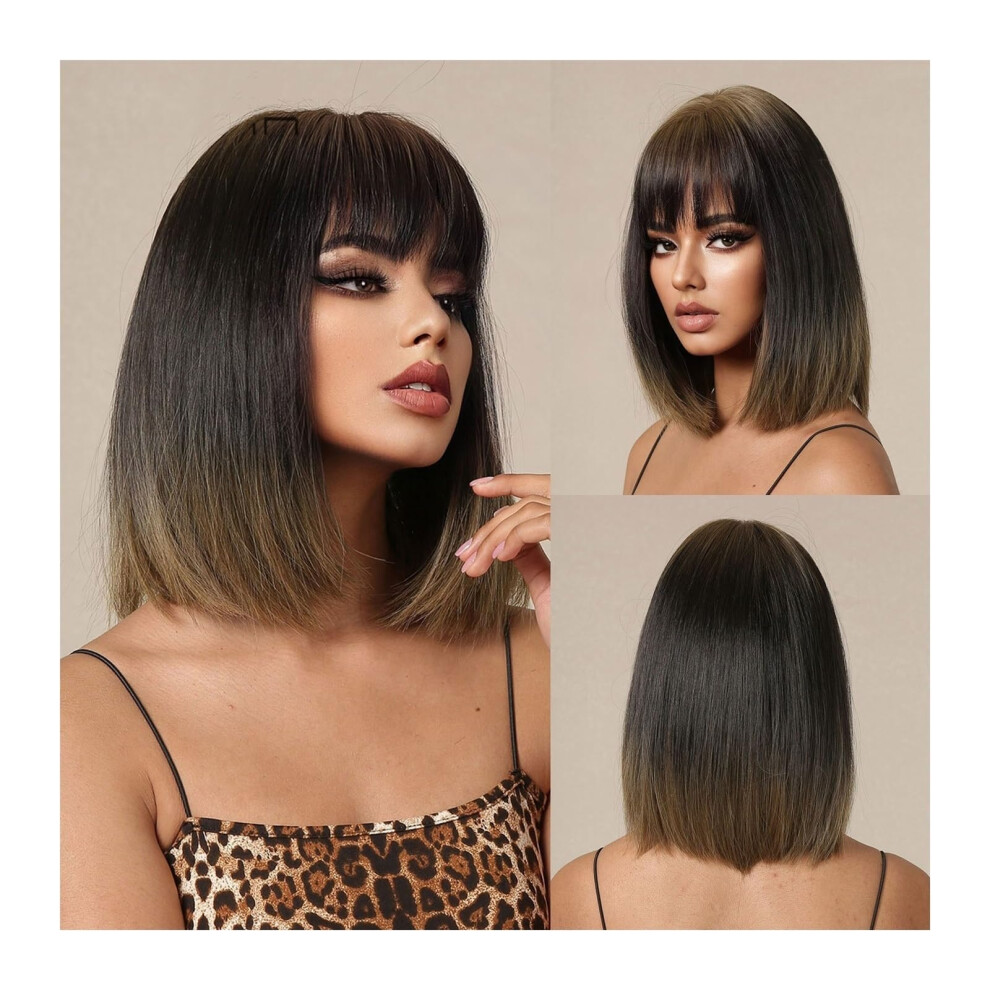 Unisex Black,Brown Wigs Synthetic Bob Wig With Bangs For Black Women Short Straight Ombre Black Brown Cosplay Hair Heat Resistant Fibre
