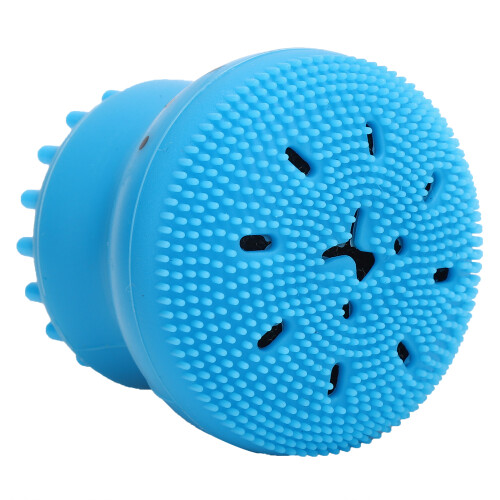 Compact Blue Pet Bath Brush with Integrated Shampoo Dispenser Soft Rubber
