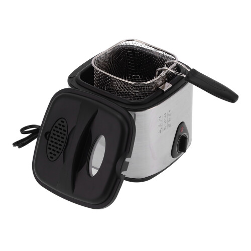 Friteuse compacte, extérieur en acier inoxydable, température variable, cuisson uniforme, poignée isolante, réglage de la température. 2