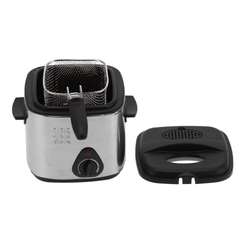 Friteuse compacte, extérieur en acier inoxydable, température variable, cuisson uniforme, poignée isolante, réglage de la température. 1