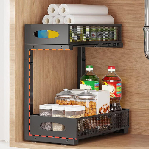 Under Sink Organizer With Adjustable Height Shelf Kitchen Bathroom Laundry Black Drawer Organizer Under Cabinet Storage 1
