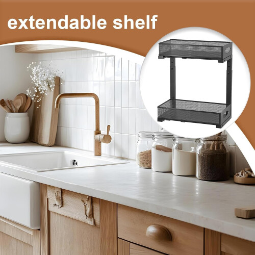 Under Cabinet Organizer 2Tier PullOut Sink Shelf Height Adjustable Black For Laundry Detergent 1