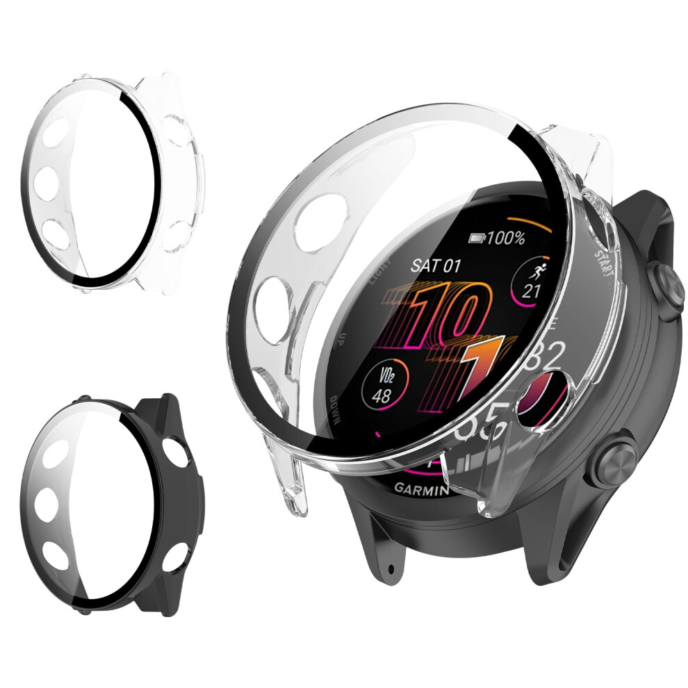 47Mm Cover For Garmin Forerunner 570, 9H Tempered Glass Screen Protector, Pc Protective Case, Full Protection, Black 9187378771730