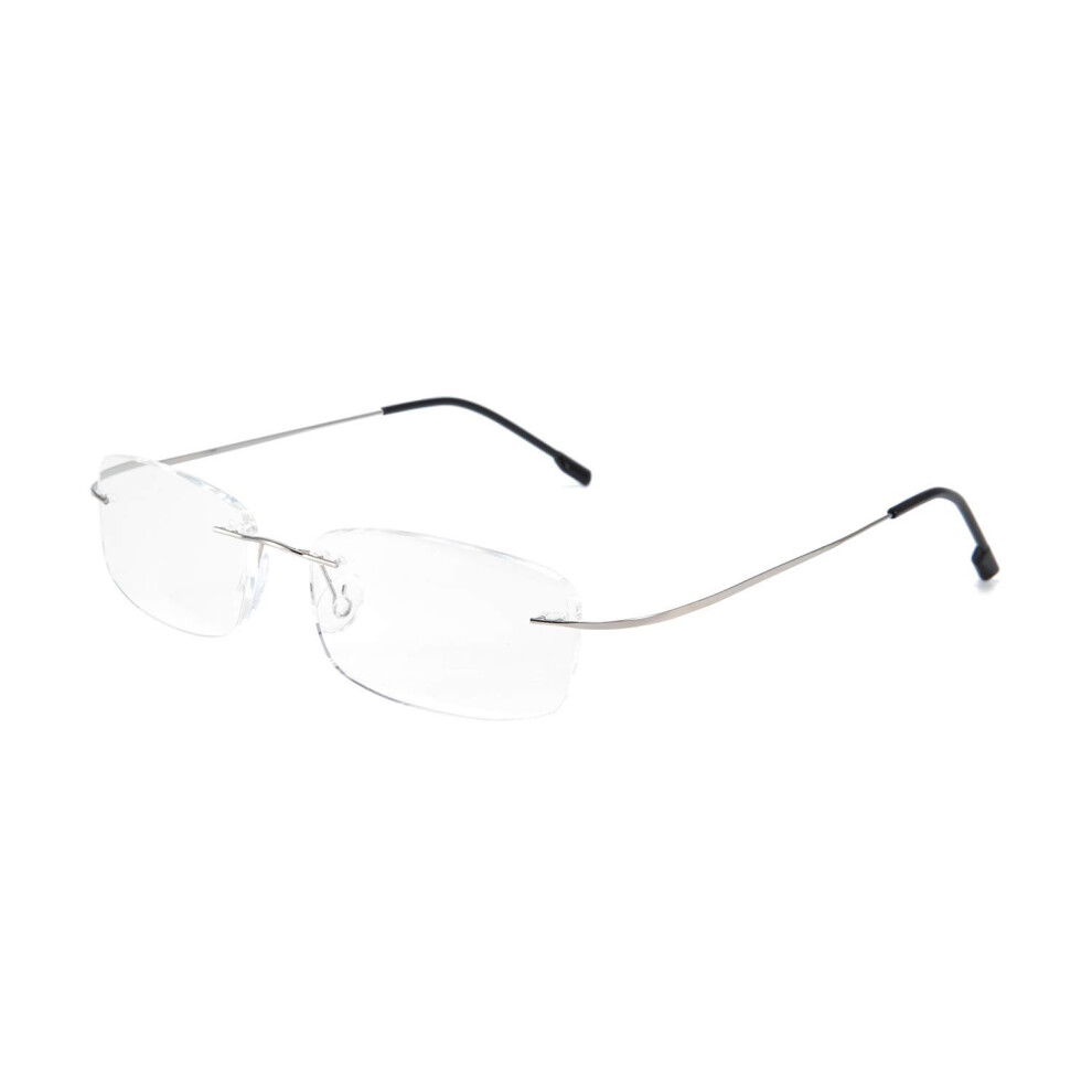 Silver Rimless Titanium +2.00 Reading Glasses For Men And Women With Spring Hinge And Hd Resin Lens