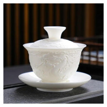 Chinese Traditional Gaiwan KilnGlazed Ceramic, White Porcelain Kung Fu Tea Set, Relief Tureen, Dragon Motif Teaware