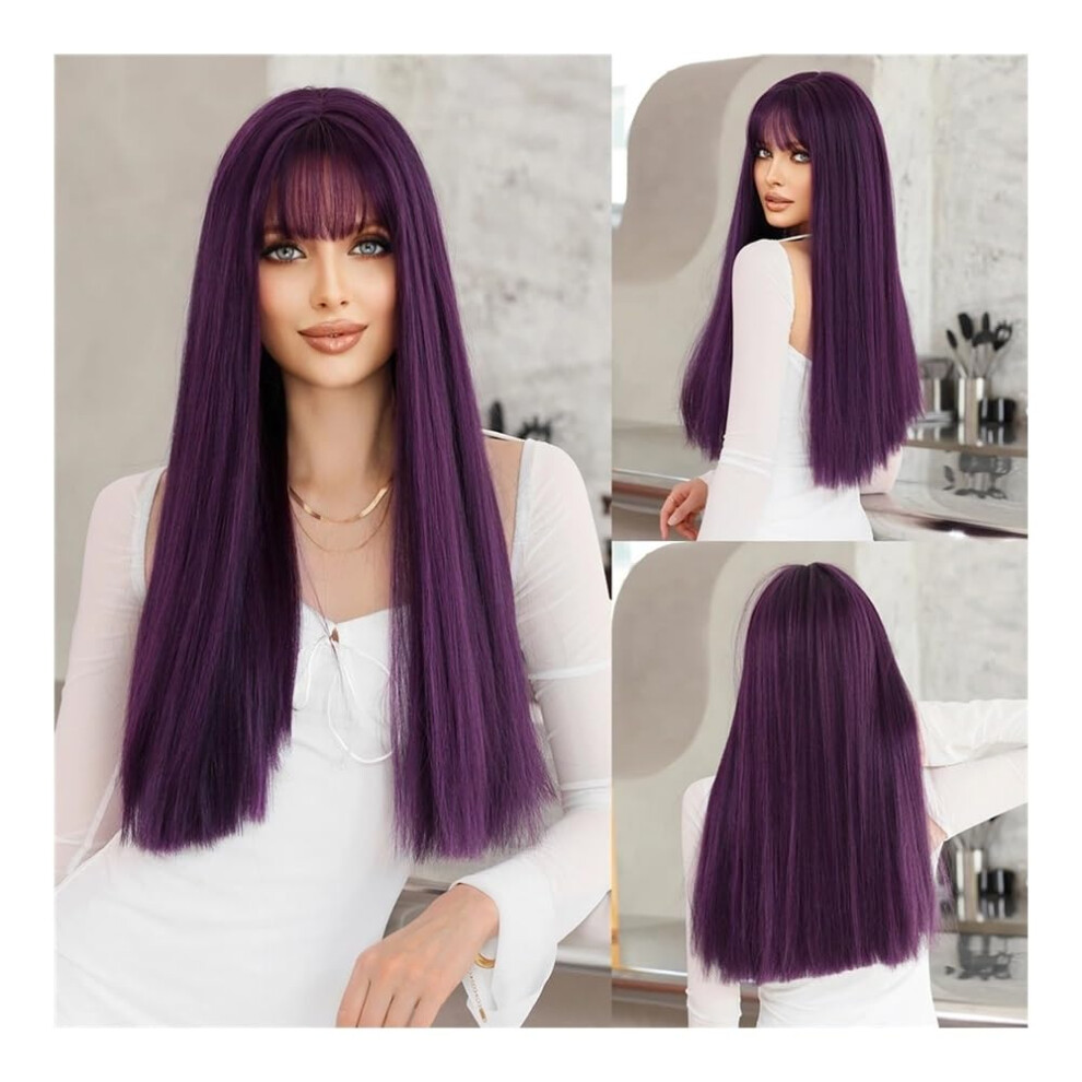 Unisex Purple Long Straight Hair Wig For Women, Everyday Wear, Party Wig, Natural Straight Fringe