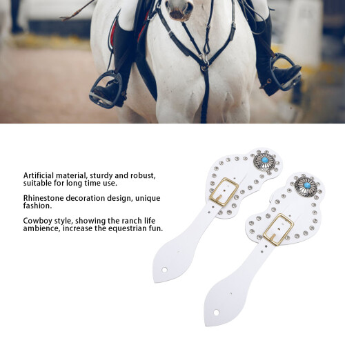 White Artificial Leather Spur Straps 2Pcs for Cowboys Rhinestone Adjustable 2