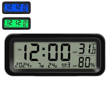(1set, Blue-green) Solar Car Clock S78 Auto Luminous Digital Clock with Dual Color Backlight Vibration Activation Temperature Humidity Display