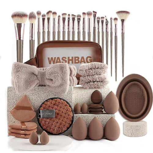(42pcs, coffee) Professional Makeup Brushes and Sponges Set High Quality Multipurpose Foundation Face Eye Lip Makeup Tools Kit