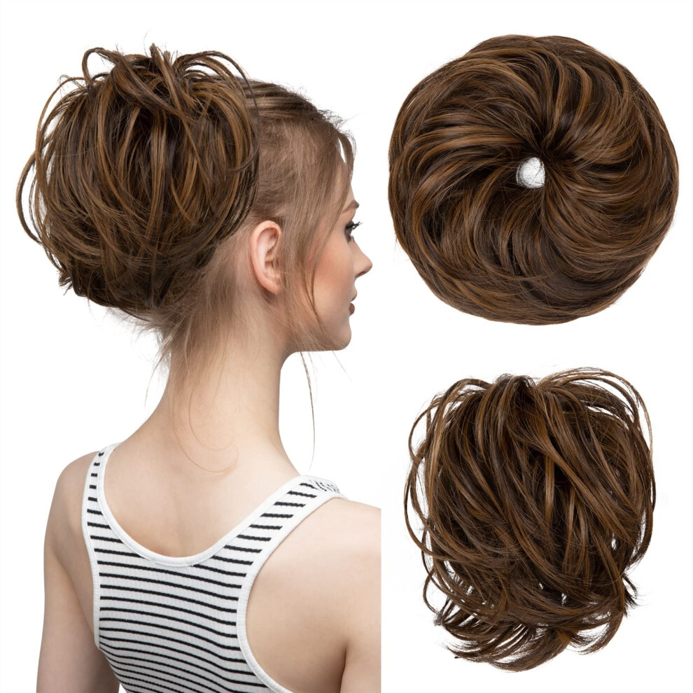 Synthetic Hair Bun Extension with Elastic Band, Curly Messy Bun Hairpiece for Women  Iced Mocha
