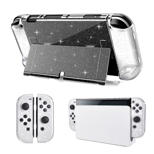 Capa protetora com glitter para Nintendo Switch OLED, capa compatível com dock, com design de absorção de impacto e antirriscos, capa rígida de