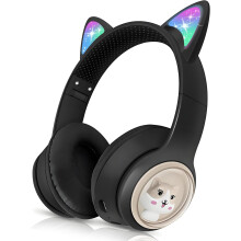 AKZ60 Kids Bluetooth Headphones With Mic Cat Ear LED Foldable OverEar 10Hrs Playtime 85dB iPad Compatible Black