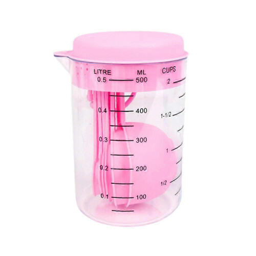(1set, Pink) Clear Measuring Cups And Spoons Set 6-Piece Stackable With Hooks Shatterproof High-Strength PVC For Precise Cooking And Baking