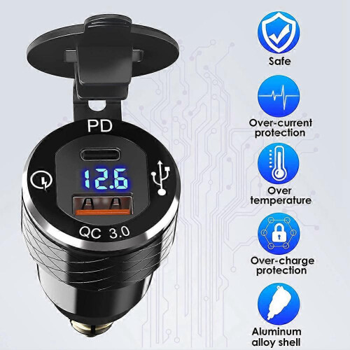 Γρήγορος φορτιστής USB Type C PD 3.0 με βολτόμετρο για 12V-24V, Ευρωπαϊκό πρότυπο 2