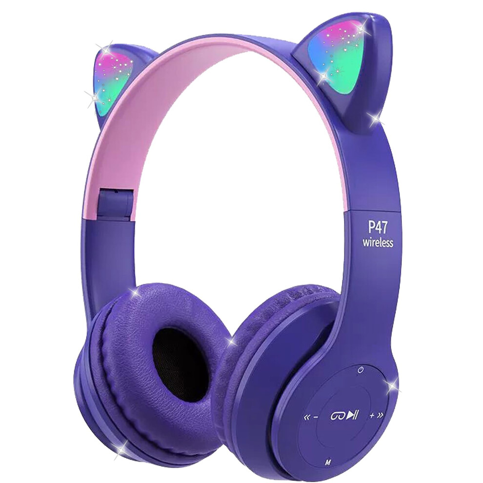 Kids Wireless Headphones Bluetooth Overear With Microphone Cat Ear Led Tf Card And Wired Foldable Light/Purple 9094768744130