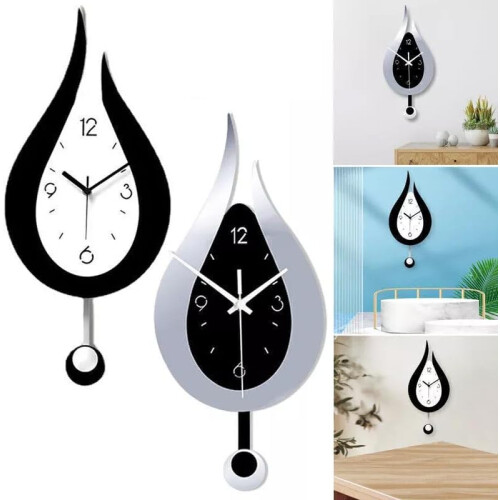 Modern Acrylic Wall Hanging Pendulum Waterdrop Silent Clock Silver, Waterdrop Design, Quiet Movement, Home Decor Clock 2