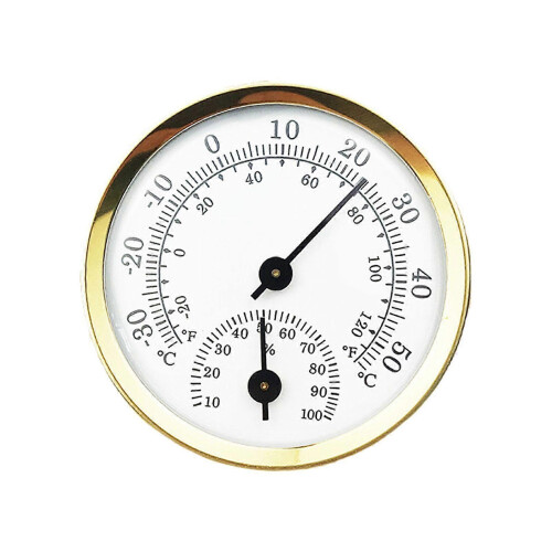(1pcs, Gold) Pointer Type Temperature Humidity Meter Compact Aluminum Alloy Hygrometer for Home Office