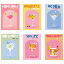 (Tall glass set) Minimalist Cocktail Wall Art - Vodka, Gin & Pornstar Martini Canvas Prints for Stylish Living Room Decor
