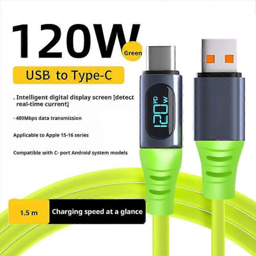 (15pcs, 120W) For 30W Smart Digital Display Data Cable PD Fast Charging USB C Cable with E-Marker Chip 240W Max Power 480Mbps Data Sync Green