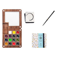 (S, Set D – 15 Farben) Solysta Mini Watercolor Paint Set Portable Wooden Travel Art Kit with Sketchbook Ideal for Outdoor Painting