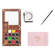 (XXL, Set F - 15 Farben) Solysta Mini Watercolor Paint Set Portable Wooden Travel Art Kit with Sketchbook Ideal for Outdoor Painting