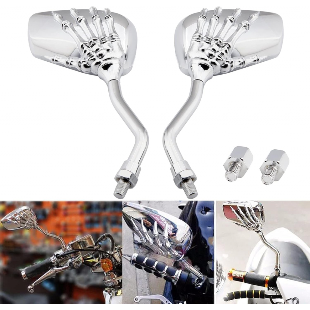 Chromechrome 8Mm/10Mm Motorcycle Skull Skeleton Rearview Side Mirrors - Compatible With Honda, Yamaha, Kawasaki, Suzuki, Aprilia 7057162702405