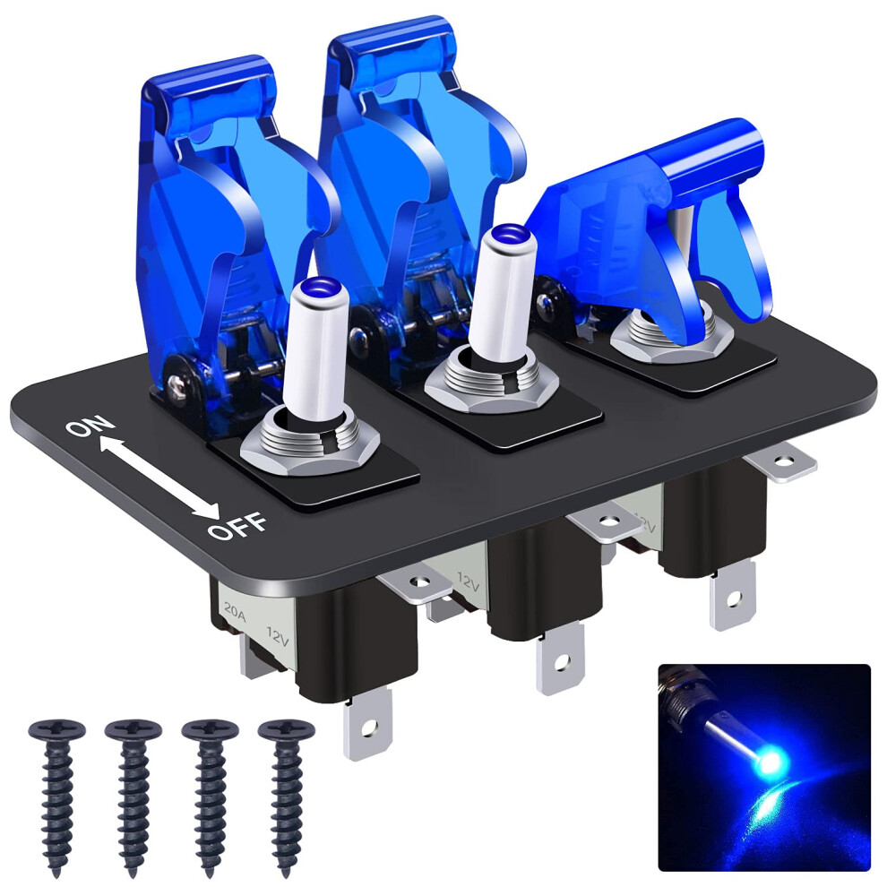 3 Gang Rocker Toggle Switch Panel, 12V Led, 20A Spst 3Pin On/Off, Led Plate, Waterproof Cover Blue 9094768759813