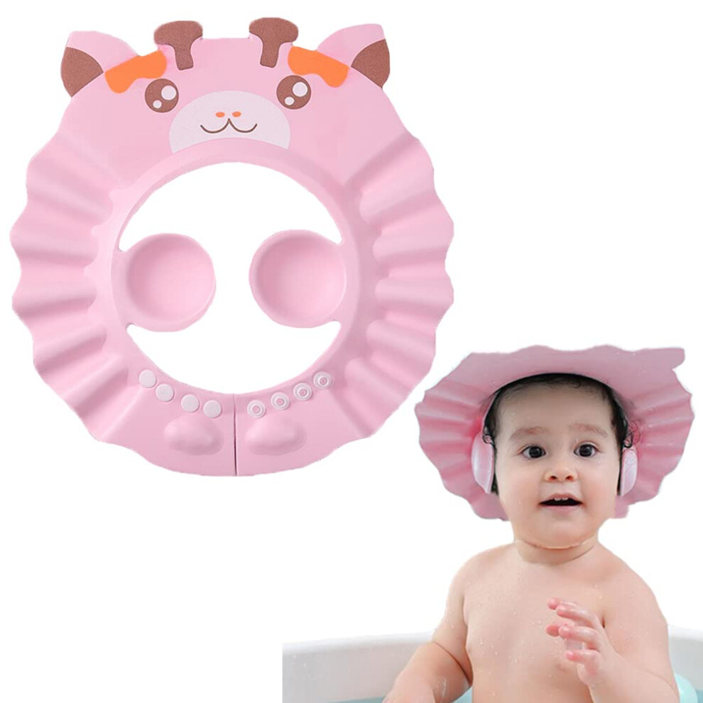 Baby Shower Cap Waterproof Adjustable Visor Shampoo Shield For Infants Toddlers Kids Giraffe Pink