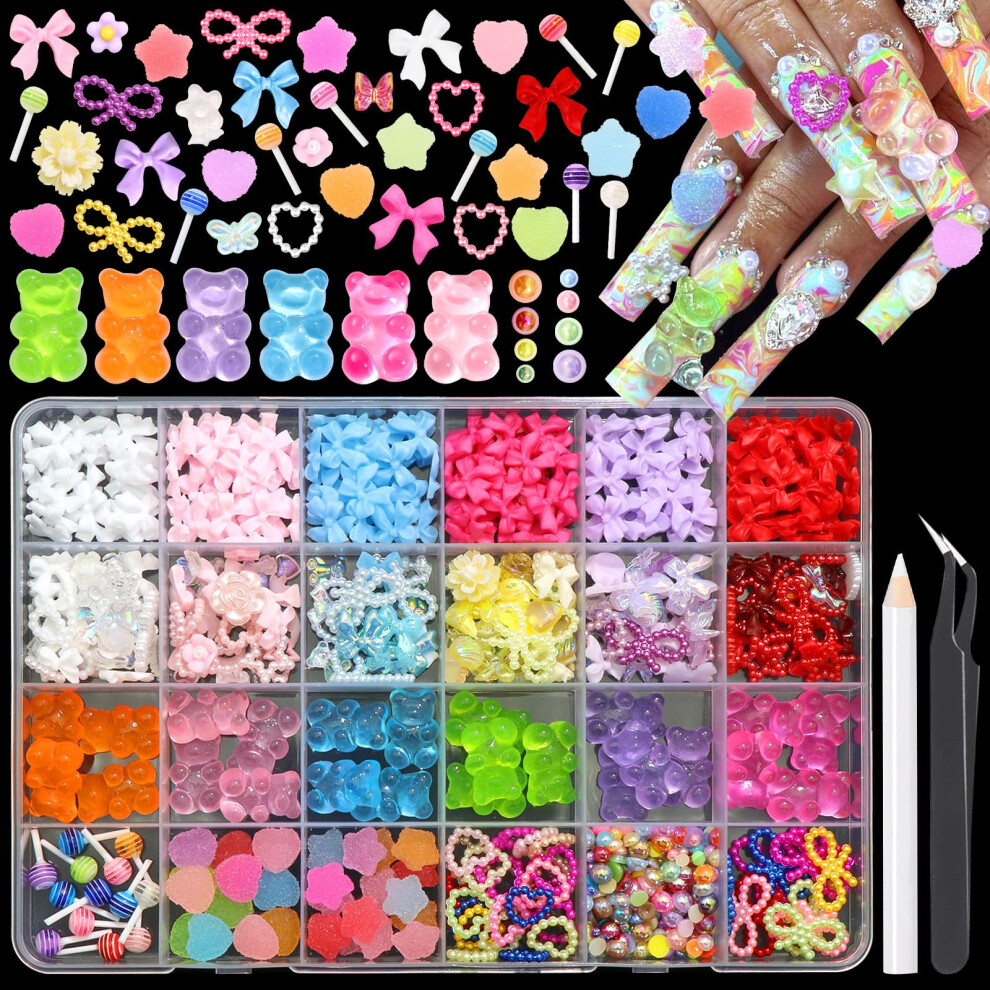 Nail Art Charms 24Grid Kit with Colorful 3D Bears and Bows for DIY Manicure Decoration