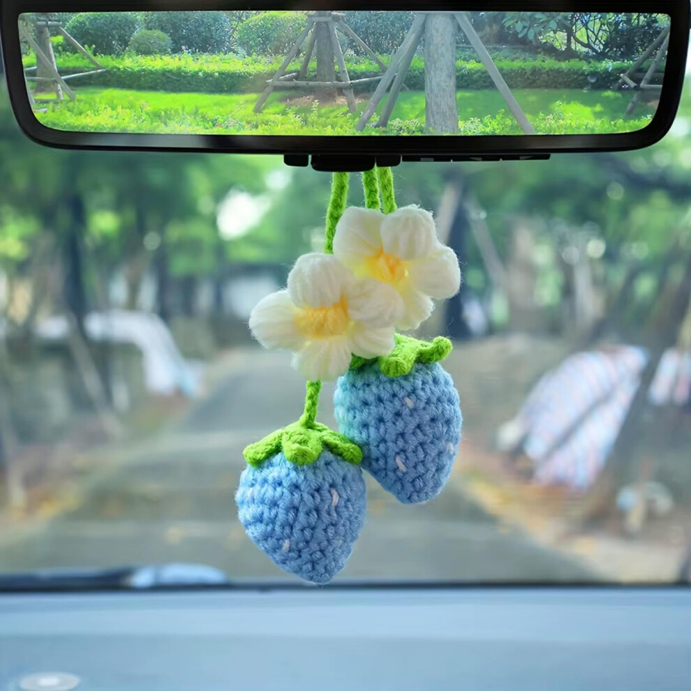 Car Mirror Hanging Accessories Handmade Crochet Strawberry Charms For Rear View Mirror 2Pcs Blue 9094768751558