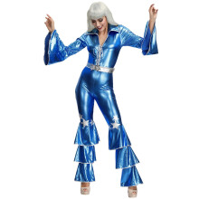 Blue Faux Leather Cosplay Catsuit Size M Pole Dance Performance Stage Costumes Medieval Cape Fur