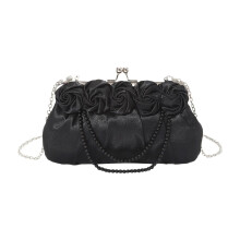 Silk Rose Evening Clutch Bag with Pearl Chain for Weddings Proms and Formal Parties