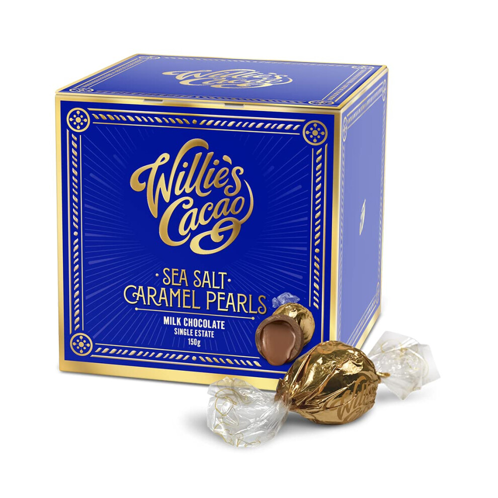 Willie's Cacao Milk Chocolate Salted Caramel Pearls 150G – Gift Box Of 20