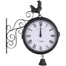 Wall Clock DoubleSided Retro Weatherproof Station Clock For Outdoor Garden Rooster Decor With Silent Movement And Bell