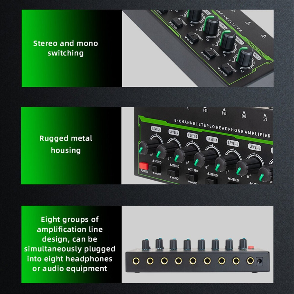 8 Channels Mini Stereo Headphone Amplifier HA800S PRO Ultra-Compact Audio with Power Adapter EU Plug