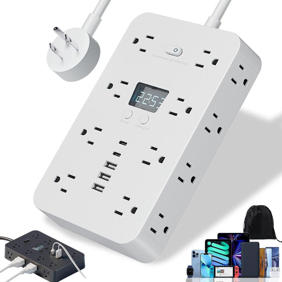 Power Strip With Usb Ports And Usbc, Surge Protector, 6 Outlets, Time Display, 5Ft Cord, White 9094768764220