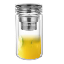 Glass Tea Infuser Mug with Lid, Large Double Wall Heat Resistant Leak Proof Tea Cup for Travel and Office