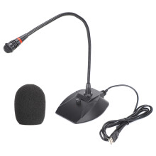 Microfone compacto com design flexível, indicador LED, controle automático de volume, construção durável e tecnologia de cancelamento de ruído.