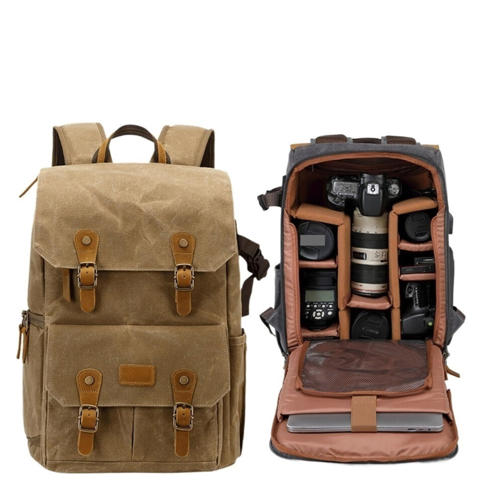 Camera Bag Canvas Backpack With Usb Port, Fits 15.6 Inch Laptop, Waterproof Batik Khaki Dslr Drones Carry Case 9347817488265