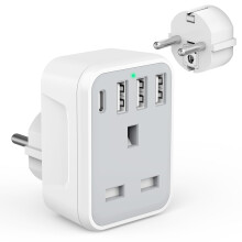 UK to European Travel Adaptor with 4 USB Ports(1 USB C), Grounded EU Euro Europe to UK Power Plug Adapter for Germany Spain France Iceland Greece Pola