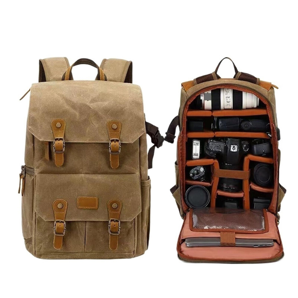Photography Classic Batik Canvas Backpack Usb Port Fits 15.6 Inch Laptop Waterproof Camera Bag For Dslr Drones Khaki 9382693198808