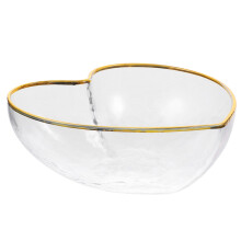 Large Transparent Heart Shaped Glass Bowl with Coral Red Gold Rim for Salad Fruit Dessert Parties