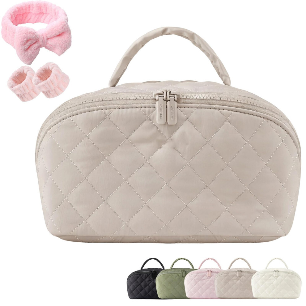 Large Capacity Travel Makeup Bag for Women, Quilted Waterproof PU Leather Cosmetic Organizer with 180 LayFlat Design
