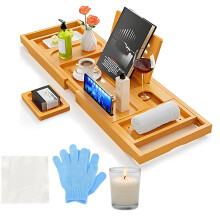 BritAura 5 Pcs Wooden Bath Tray Set, Foldable Adjustable Bathtub Caddy Tray with Candle & Mug Holder, Soap Dish, Face Cloth & Exfoliating Gloves,Exte