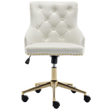 BTEXPERT White PU Leather Golden Base Home Office Chair Adjustable Tufted Leisure Gold Nail Trim Upholstery Bedroom Study Desk Task Chair Accent Armc