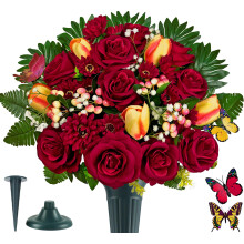 Saxili Artificial Cemetery Flowers for Grave,Memorial Flowers Bouquet with Vase for Headstones Decoration Red Rose Daisies Berry Tulips
